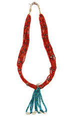 Navajo - 6-Strand Coral and Silver Beaded Necklace with Turquoise and Shell Joclas c. 1930s, 33" length