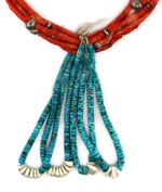 Navajo - 6-Strand Coral and Silver Beaded Necklace with Turquoise and Shell Joclas c. 1930s, 33" length