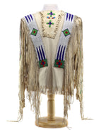 Lakota Beaded Leather Shirt with Custom Wood Stand c. 1890s, 35" x 18.5" x 10"