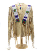 Lakota Beaded Leather Shirt with Custom Wood Stand c. 1890s, 35" x 18.5" x 10"