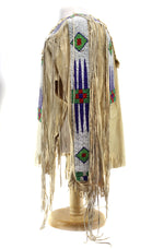 Lakota Beaded Leather Shirt with Custom Wood Stand c. 1890s, 35" x 18.5" x 10"