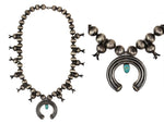 Attributed to Lena Buth - Navajo - Turquoise and Coin Silver Squash Blossom Necklace with Stamped Design c. 1930-40s, 26" length