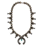 Attributed to Lena Buth - Navajo - Turquoise and Coin Silver Squash Blossom Necklace with Stamped Design c. 1930-40s, 26" length