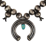 Attributed to Lena Buth - Navajo - Turquoise and Coin Silver Squash Blossom Necklace with Stamped Design c. 1930-40s, 26" length