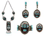 Beverly Etsate - Zuni - Multi-Stone Raised-Inlay and Silver Necklace, Bracelet, Ring, and Clip-on Earrings Set with Kachina Design c. 1970-80s