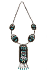 Beverly Etsate - Zuni - Multi-Stone Raised-Inlay and Silver Necklace, Bracelet, Ring, and Clip-on Earrings Set with Kachina Design c. 1970-80s