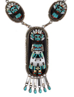 Beverly Etsate - Zuni - Multi-Stone Raised-Inlay and Silver Necklace, Bracelet, Ring, and Clip-on Earrings Set with Kachina Design c. 1970-80s