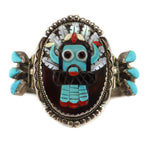 Beverly Etsate - Zuni - Multi-Stone Raised-Inlay and Silver Necklace, Bracelet, Ring, and Clip-on Earrings Set with Kachina Design c. 1970-80s