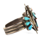 Beverly Etsate - Zuni - Multi-Stone Raised-Inlay and Silver Necklace, Bracelet, Ring, and Clip-on Earrings Set with Kachina Design c. 1970-80s