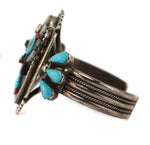 Beverly Etsate - Zuni - Multi-Stone Raised-Inlay and Silver Necklace, Bracelet, Ring, and Clip-on Earrings Set with Kachina Design c. 1970-80s