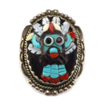 Beverly Etsate - Zuni - Multi-Stone Raised-Inlay and Silver Necklace, Bracelet, Ring, and Clip-on Earrings Set with Kachina Design c. 1970-80s