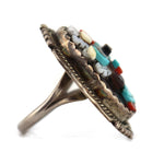 Beverly Etsate - Zuni - Multi-Stone Raised-Inlay and Silver Necklace, Bracelet, Ring, and Clip-on Earrings Set with Kachina Design c. 1970-80s