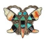 Zuni - Multi-Stone Inlay and Silver Butterfly Pin with Stamped Design c. 1930s, 2.125" x 2.5"