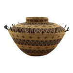 Yokuts Polychrome Bottleneck Basket with Quail Feathers and Rattlesnake Design c. 1890s, 7" x 12"