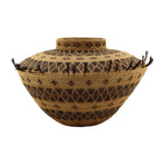 Yokuts Polychrome Bottleneck Basket with Quail Feathers and Rattlesnake Design c. 1890s, 7" x 12"