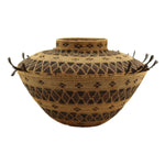 Yokuts Polychrome Bottleneck Basket with Quail Feathers and Rattlesnake Design c. 1890s, 7" x 12"