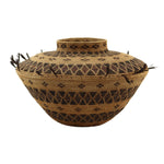 Yokuts Polychrome Bottleneck Basket with Quail Feathers and Rattlesnake Design c. 1890s, 7" x 12"