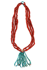 Navajo - 3-Strand Coral and Turquoise Beaded Necklace with Hand-Rolled Turquoise, Clamshell, and Spiny Oyster Joclas