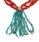 Navajo - 3-Strand Coral and Turquoise Beaded Necklace with Hand-Rolled Turquoise, Clamshell, and Spiny Oyster Joclas
