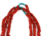 Navajo - 3-Strand Coral and Turquoise Beaded Necklace with Hand-Rolled Turquoise, Clamshell, and Spiny Oyster Joclas