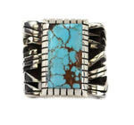 Isaiah Ortiz (b. 1976) - San Felipe - Nevada Blue Turquoise and Sterling Silver Overlay Ring with Geometric Design c. 2025, size 8.25