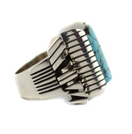 Isaiah Ortiz (b. 1976) - San Felipe - Nevada Blue Turquoise and Sterling Silver Overlay Ring with Geometric Design c. 2025, size 8.25