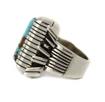 Isaiah Ortiz (b. 1976) - San Felipe - Nevada Blue Turquoise and Sterling Silver Overlay Ring with Geometric Design c. 2025, size 8.25