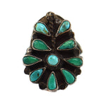 Zuni - Turquoise Petit Point and Silver Shadowbox Ring with Flower Design c. 1950s, size 6