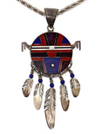 Ray Tracey (b. 1953) - Navajo - Multi-Stone Channel Inlay and Silver Sunface Kachina Pendant with Handmade Chain c. 1970-80s, 24" length