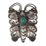 Navajo - Turquoise and Silver Butterfly Pin with Stamped Design c. 1930-40s, 2" x 1.5"