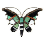 Zuni - Multi-Stone Inlay and Silver Butterfly Pin c. 1930-40s, 2.25" x 3.125"