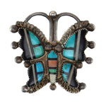 Zuni - Multi-Stone Inlay and Silver Butterfly Pin c. 1930-40s, 1.5" x 1.5"