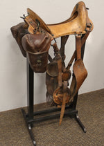 McClellan Saddle with Saddle Bags and Custom Stand c. 1920-30s, 46" x 24" x 22"
