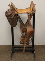 McClellan Saddle with Saddle Bags and Custom Stand c. 1920-30s, 46" x 24" x 22"