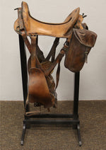 McClellan Saddle with Saddle Bags and Custom Stand c. 1920-30s, 46" x 24" x 22"