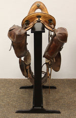 McClellan Saddle with Saddle Bags and Custom Stand c. 1920-30s, 46" x 24" x 22"