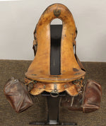 McClellan Saddle with Saddle Bags and Custom Stand c. 1920-30s, 46" x 24" x 22"