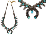 Navajo - Turquoise and Silver Box and Bow Squash Blossom Necklace with Stamped Design c. 1930s, 28" length