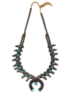 Navajo - Turquoise and Silver Box and Bow Squash Blossom Necklace with Stamped Design c. 1930s, 28" length