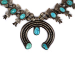 Navajo - Turquoise and Silver Box and Bow Squash Blossom Necklace with Stamped Design c. 1930s, 28" length