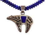 Dina Huntinghorse - Wichita/Kiowa - Lapis Lazuli and Sterling Silver Overlay Heartline Bear Pendant and Lapis Lazuli Beaded Necklace c. 1980-90s, 20" length