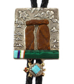Jesse Monongya (b. 1952) - Navajo/Hopi - Multi-Stone Inlay, 14K Gold, Silver Tufacast, and Leather Bolo Tie with Turtle Design c. 1980-90s, 3" x 2" bolo