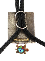 Jesse Monongya (b. 1952) - Navajo/Hopi - Multi-Stone Inlay, 14K Gold, Silver Tufacast, and Leather Bolo Tie with Turtle Design c. 1980-90s, 3" x 2" bolo