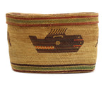 Makah Polychrome Lidded Basket with Pictorial Design c. 1910-20s, 5.125" x 8" x 5.75"