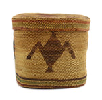 Makah Polychrome Lidded Basket with Pictorial Design c. 1910-20s, 5.125" x 8" x 5.75"