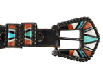 Zuni - Multi-Stone Inlay, Silver, and Hand-Tooled Leather Child's Belt c. 1940s, 25.25" - 29.75" waist