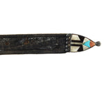 Zuni - Multi-Stone Inlay, Silver, and Hand-Tooled Leather Child's Belt c. 1940s, 25.25" - 29.75" waist
