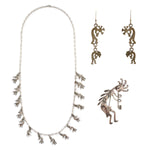 Glenn & Irene Sandoval - Navajo - Silver Necklace, French Hook Earrings and Silver Pin Set with Kokopelli Design c. 1970-80s
