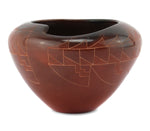 Polly Rose Folwell (b. 1962) - Santa Clara Asymmetrical Redware Sgraffito Jar with Fire Clouds c. 1990-2000s, 3.25" x 5"