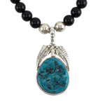 Miramontes - Morenci Turquoise with Sterling Silver Feathers and Onyx Beads, 25" length